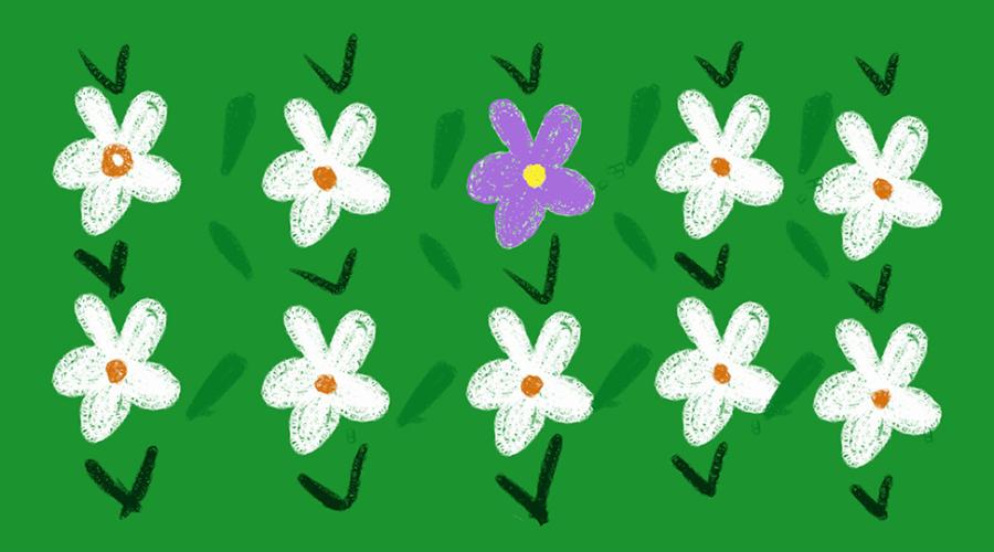 Ett mönster av blommor där en har avvikande färg.