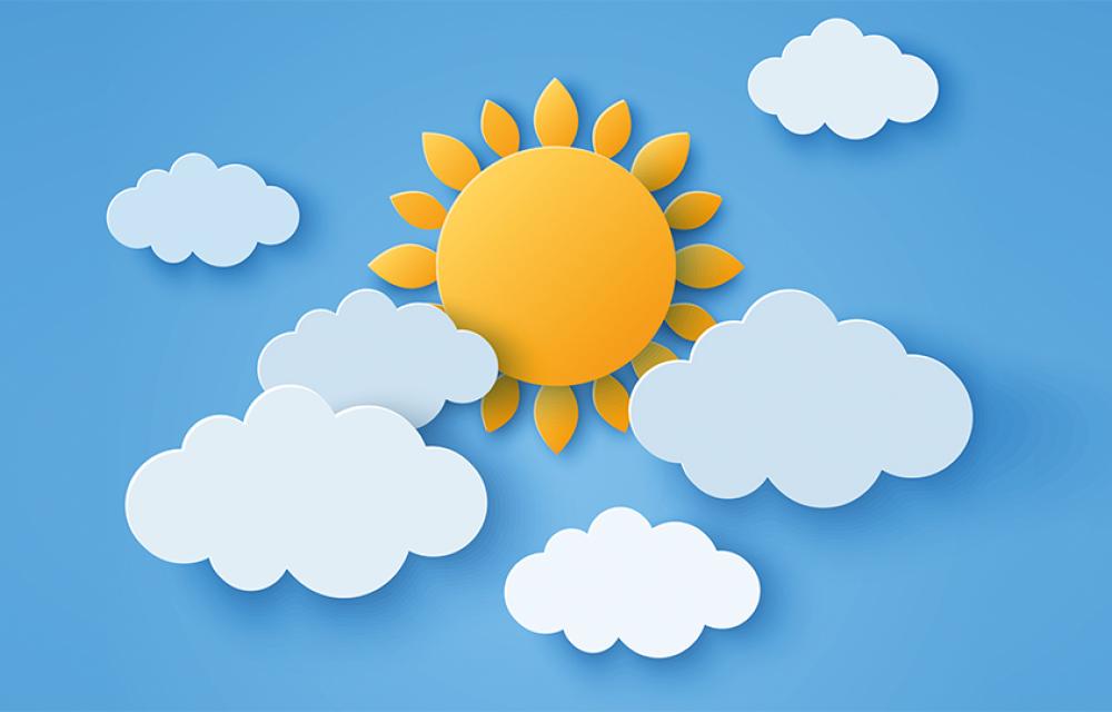 illustration sol, blå himmel och vita moln